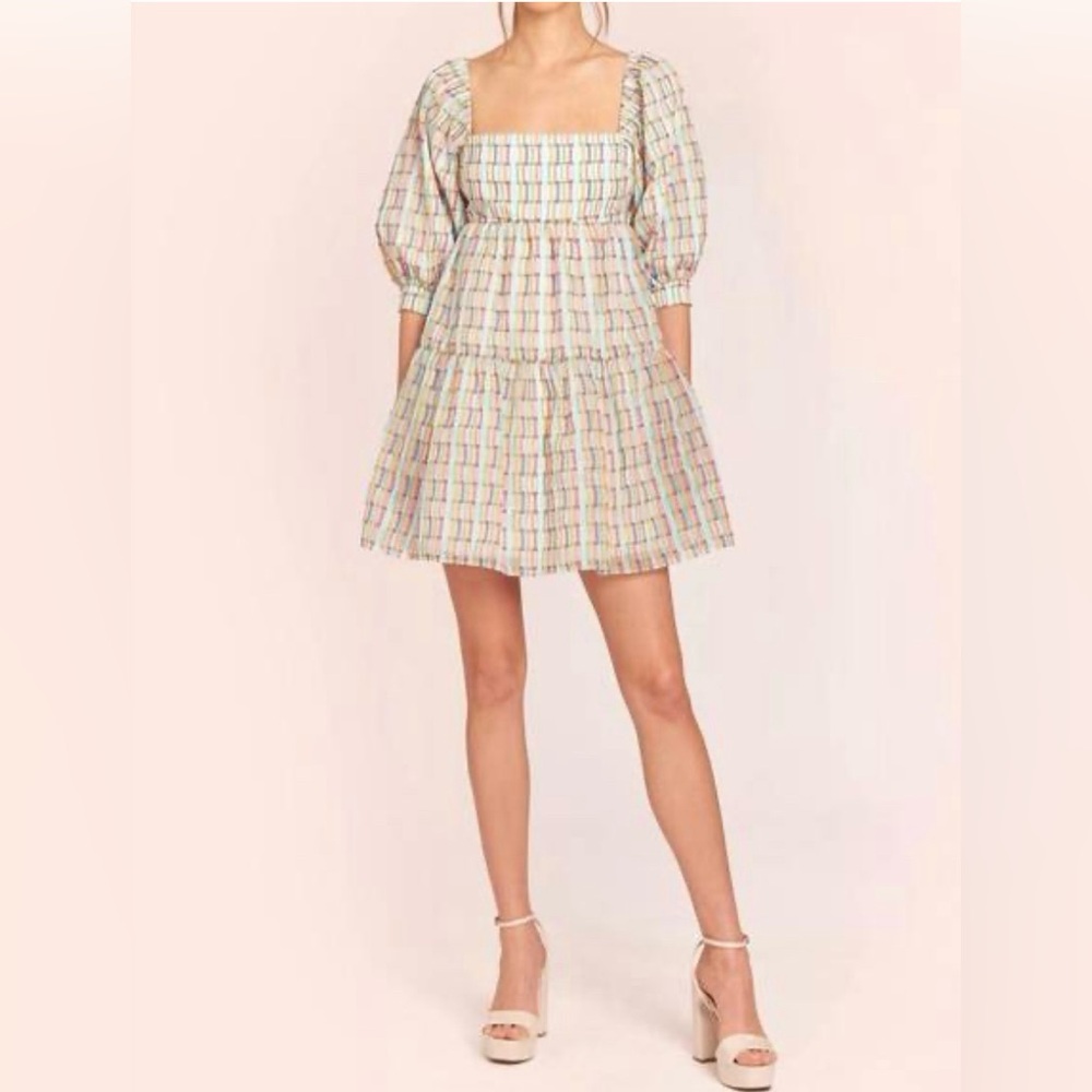 Amanda Uprichard Multicolor Puff Sleeve Mini Dress Large Garden Party Spring